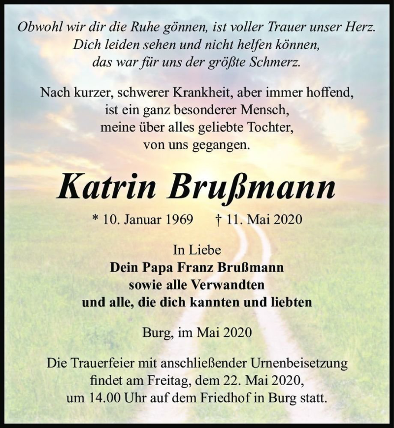  Traueranzeige für Katrin Brußmann  vom 16.05.2020 aus Magdeburger Volksstimme