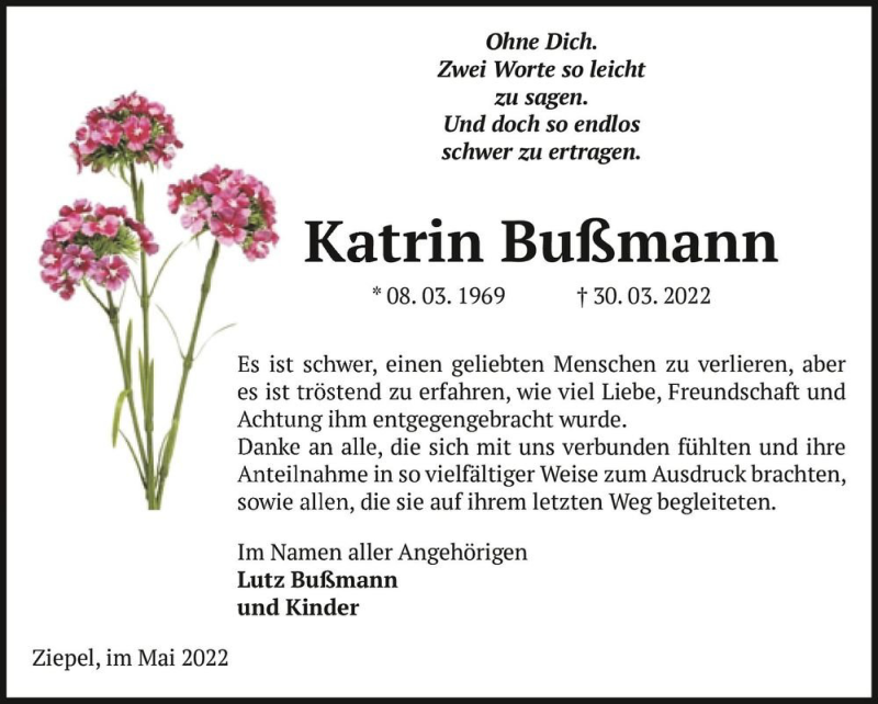  Traueranzeige für Katrin Bußmann  vom 14.05.2022 aus Magdeburger Volksstimme