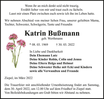 Traueranzeige von Katrin Bußmann (geb. Werthmann)  von Magdeburger Volksstimme