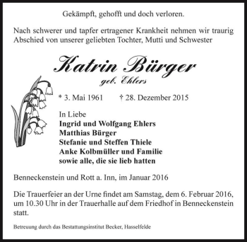 Traueranzeige von Katrin Bürger (geb. Ehlers)  von Magdeburger Volksstimme