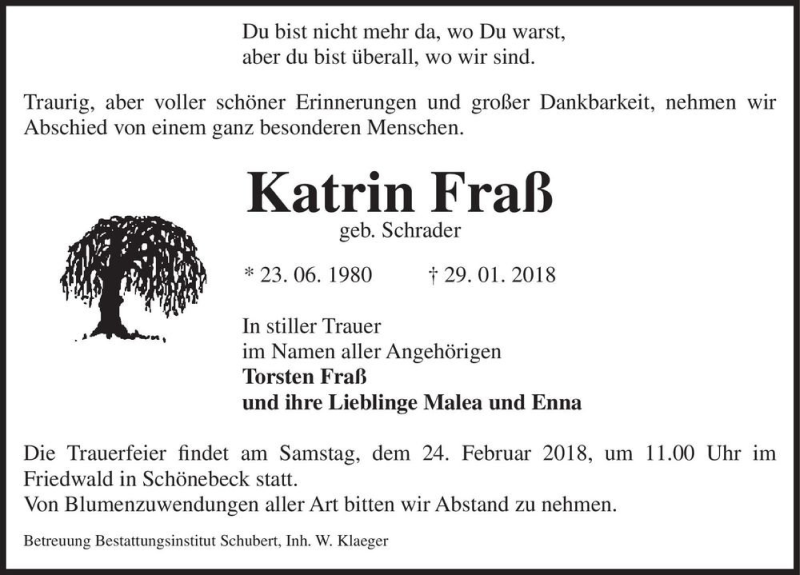  Traueranzeige für Katrin Fraß (geb. Schrader)  vom 10.02.2018 aus Magdeburger Volksstimme