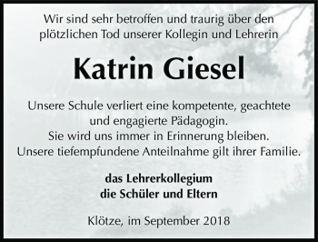 Traueranzeige von Katrin Giesel  von Magdeburger Volksstimme
