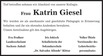 Traueranzeige von Katrin Giesel  von Magdeburger Volksstimme