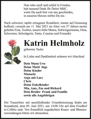 Traueranzeige von Katrin Helmholz (geb. Tacke)  von Magdeburger Volksstimme