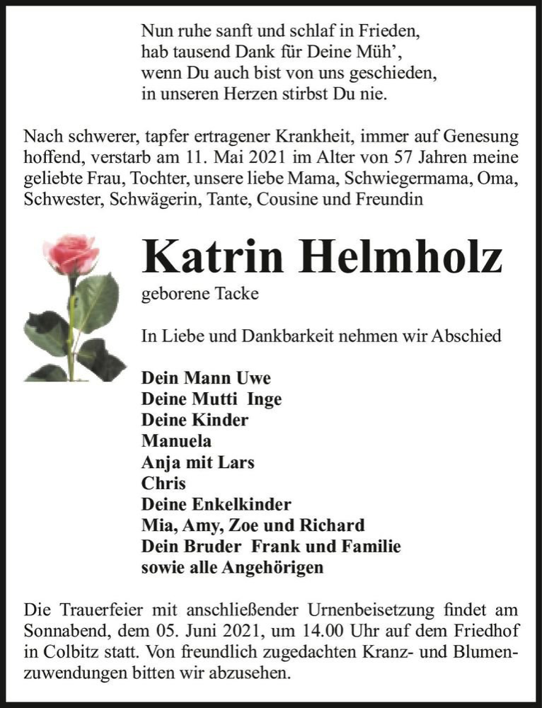  Traueranzeige für Katrin Helmholz (geb. Tacke)  vom 29.05.2021 aus Magdeburger Volksstimme