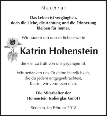 Traueranzeige von Katrin Hohenstein  von Magdeburger Volksstimme