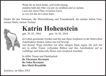 Traueranzeige von Katrin Hohenstein  von Magdeburger Volksstimme