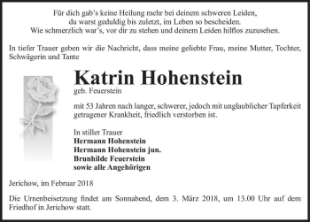 Traueranzeige von Katrin Hohenstein (geb. Feuerstein)  von Magdeburger Volksstimme