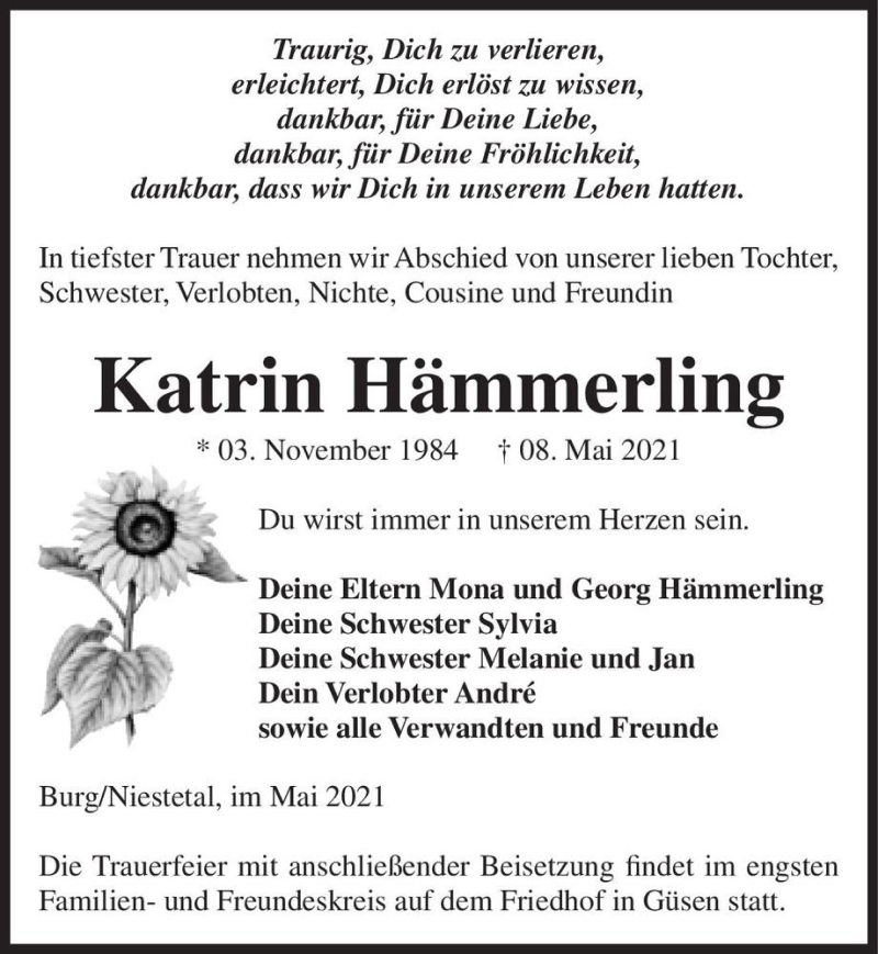  Traueranzeige für Katrin Hämmerling  vom 15.05.2021 aus Magdeburger Volksstimme