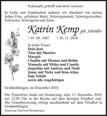 Traueranzeige von Katrin Kemp (geb. Schindler)  von Magdeburger Volksstimme