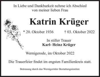 Traueranzeige von Katrin Krüger  von Magdeburger Volksstimme