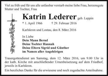 Traueranzeige von Katrin Lederer (geb. Leppin)  von Magdeburger Volksstimme