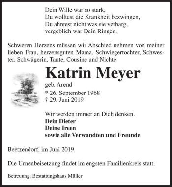 Traueranzeige von Katrin Meyer  von Magdeburger Volksstimme