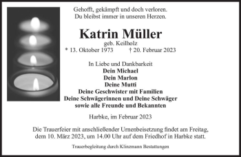 Traueranzeige von Katrin Müller (geb. Keilholz)  von Magdeburger Volksstimme