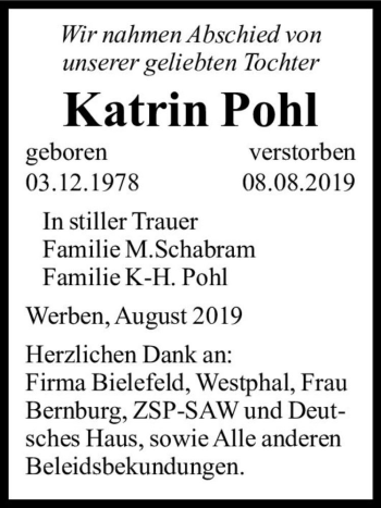 Traueranzeige von Katrin Pohl  von Magdeburger Volksstimme
