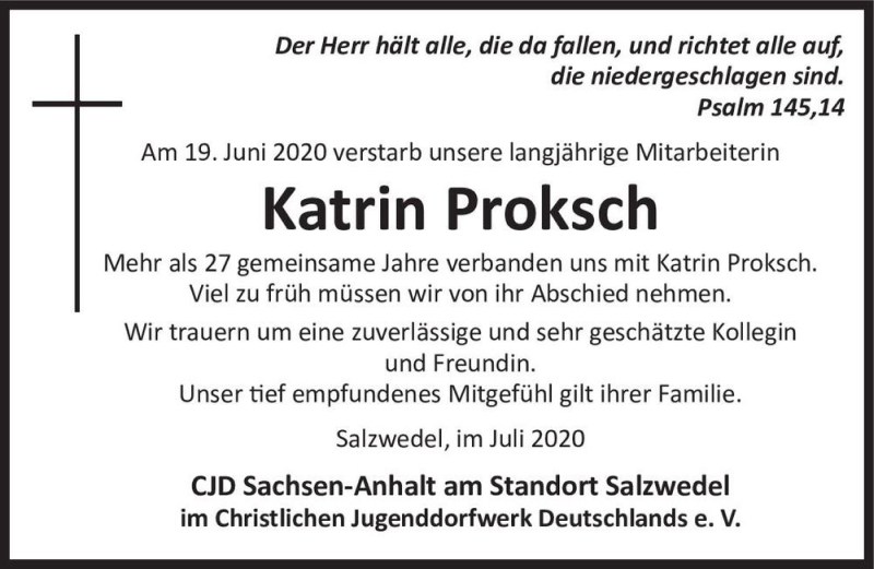  Traueranzeige für Katrin Proksch  vom 13.07.2020 aus Magdeburger Volksstimme