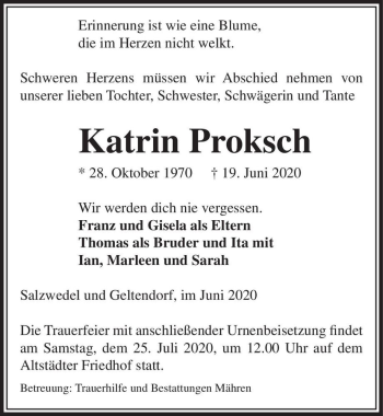 Traueranzeige von Katrin Proksch  von Magdeburger Volksstimme