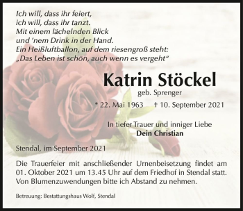 Traueranzeige von Katrin Stöckel (geb. Sprenger)  von Magdeburger Volksstimme