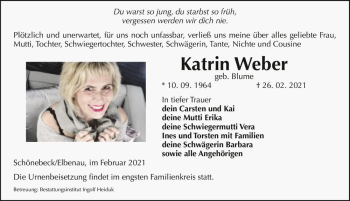 Traueranzeige von Katrin Weber (geb. Blume)  von Magdeburger Volksstimme