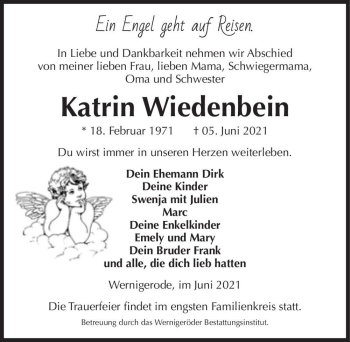 Traueranzeige von Katrin Wiedenbein  von Magdeburger Volksstimme
