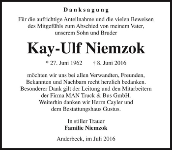 Traueranzeige von Kay-Ulf Niemzok  von Magdeburger Volksstimme
