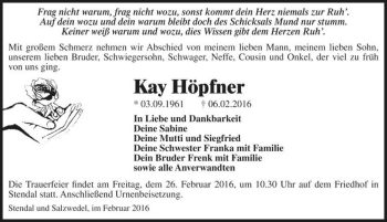 Traueranzeige von Kay Höpfner  von Magdeburger Volksstimme