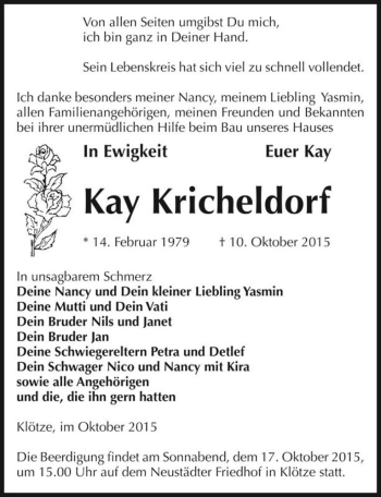 Traueranzeige von Kay Kricheldorf  von Magdeburger Volksstimme