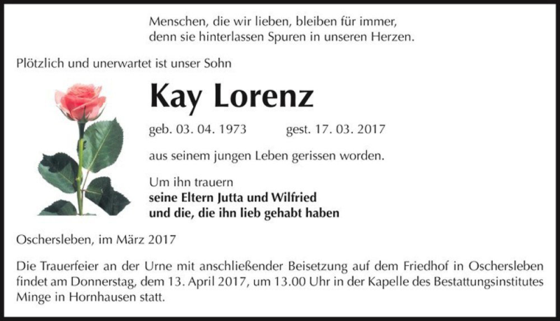  Traueranzeige für Kay Lorenz  vom 01.04.2017 aus Magdeburger Volksstimme