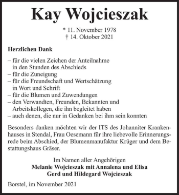 Traueranzeige von Kay Wojcieszak  von Magdeburger Volksstimme