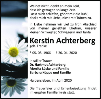 Traueranzeige von Kerstin Achterberg (geb. Franke)  von Magdeburger Volksstimme