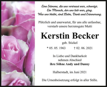 Traueranzeige von Kerstin Becker (geb. Stickel)  von Magdeburger Volksstimme
