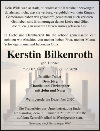Traueranzeige von Kerstin Bilkenroth (geb. Hübner)  von Magdeburger Volksstimme