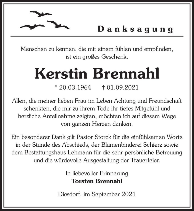  Traueranzeige für Kerstin Brennahl  vom 02.10.2021 aus Magdeburger Volksstimme