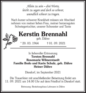 Traueranzeige von Kerstin Brennahl (geb. Dähre)  von Magdeburger Volksstimme