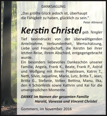 Traueranzeige von Kerstin Christel (geb. Tengler)  von Magdeburger Volksstimme