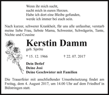 Traueranzeige von Kerstin Damm (geb. Spröte)  von Magdeburger Volksstimme