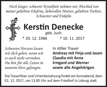 Traueranzeige von Kerstin Denecke (geb. Juch)  von Magdeburger Volksstimme