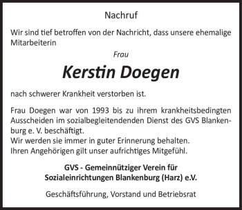 Traueranzeige von Kerstin Doegen  von Magdeburger Volksstimme