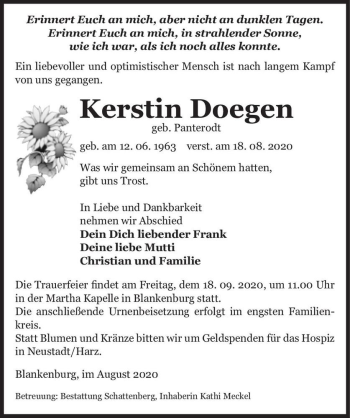 Traueranzeige von Kerstin Doegen (geb. Panterodt)  von Magdeburger Volksstimme