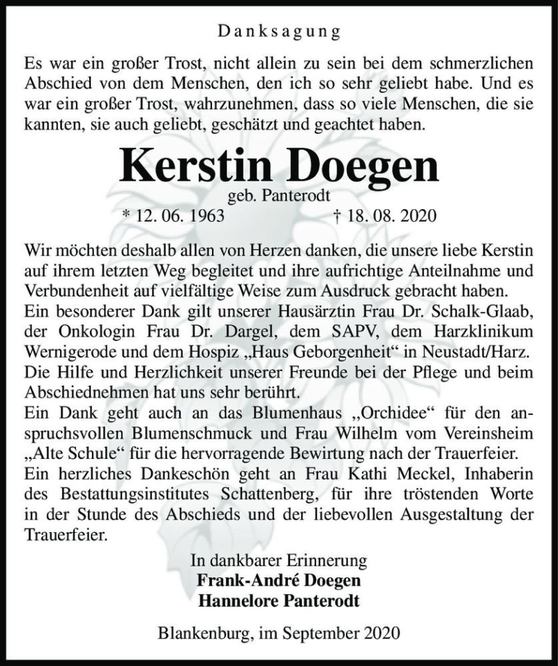  Traueranzeige für Kerstin Doegen (geb. Panterodt)  vom 02.10.2020 aus Magdeburger Volksstimme