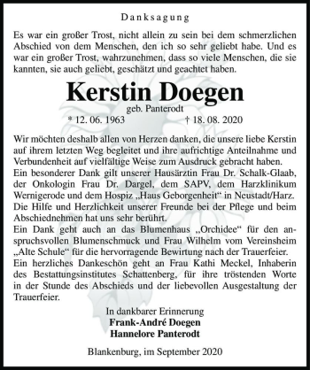 Traueranzeige von Kerstin Doegen (geb. Panterodt)  von Magdeburger Volksstimme