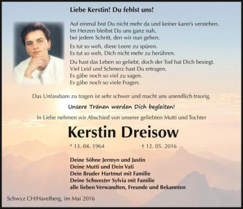 Traueranzeige von Kerstin Dreisow  von Magdeburger Volksstimme