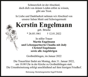 Traueranzeige von Kerstin Engelmann (geb. Brüche)  von Magdeburger Volksstimme