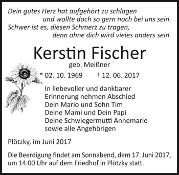Traueranzeige von Kerstin Fischer (geb. Meißner)  von Magdeburger Volksstimme