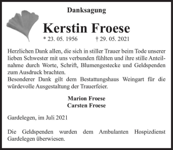 Traueranzeige von Kerstin Froese  von Magdeburger Volksstimme