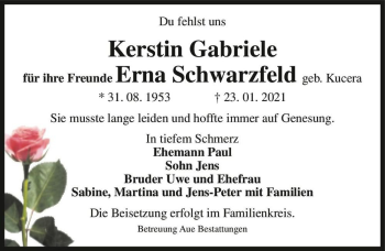 Traueranzeige von Kerstin Gabriele Erna Schwarzfeld (geb. Kucera)  von Magdeburger Volksstimme