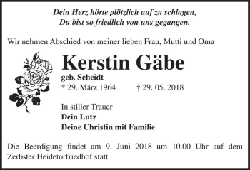 Traueranzeige von Kerstin Gäbe (geb. Scheidt)  von Magdeburger Volksstimme