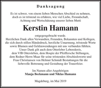 Traueranzeige von Kerstin Hamann  von Magdeburger Volksstimme