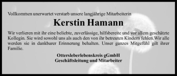 Traueranzeige von Kerstin Hamann  von Magdeburger Volksstimme