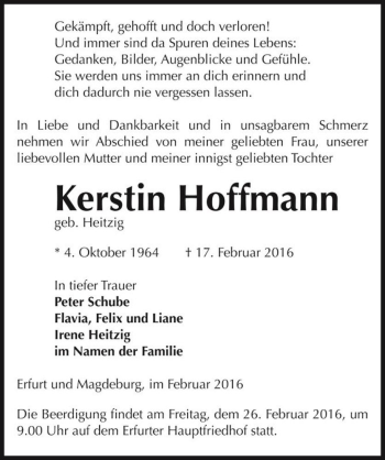 Traueranzeige von Kerstin Hoffmann (geb. Heitzig)  von Magdeburger Volksstimme